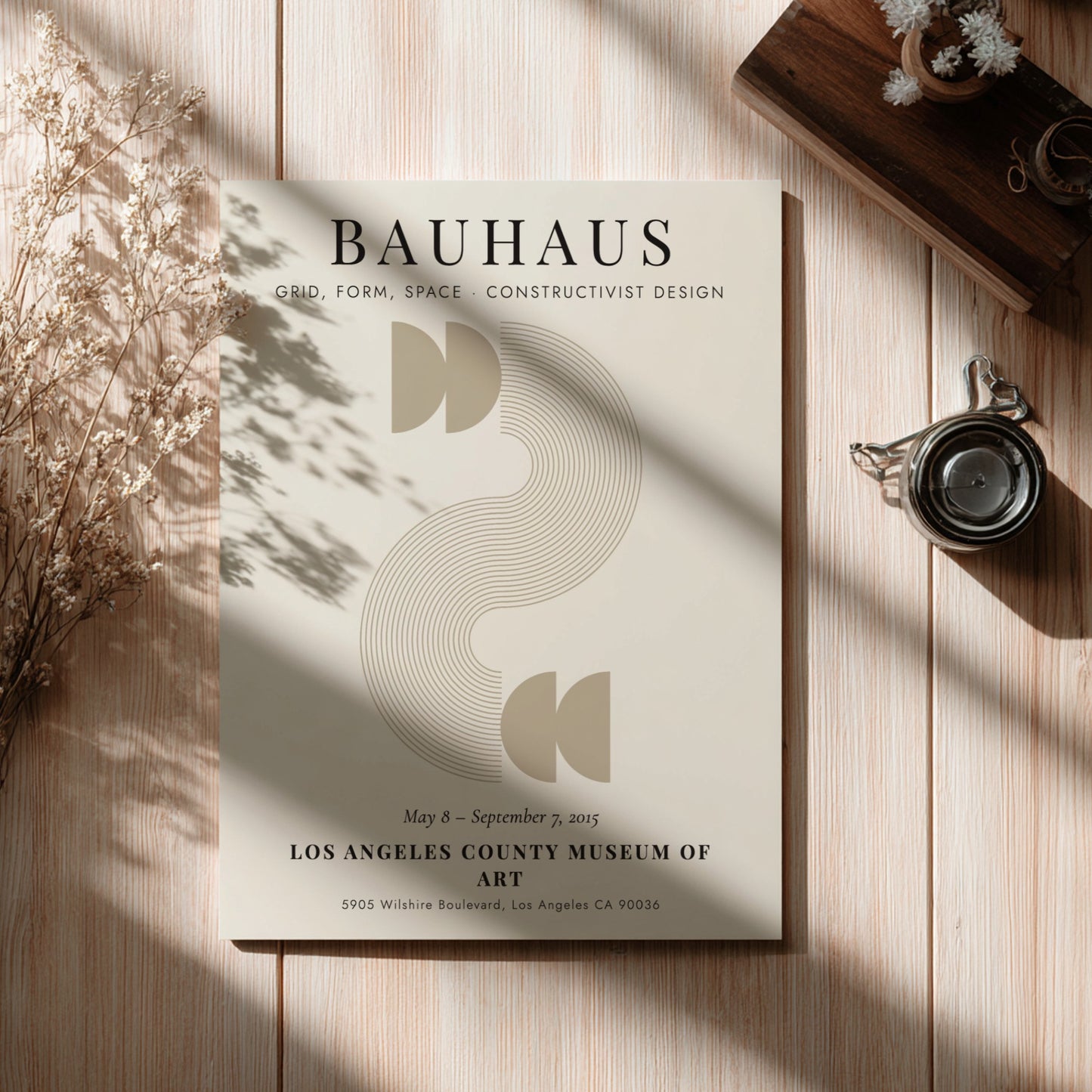 Bauhaus poster featuring constructivist design with geometric shapes and earthy tones.