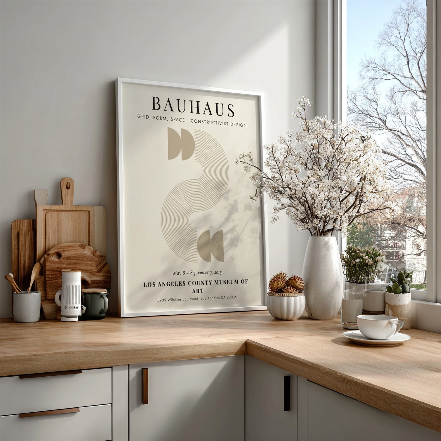 Bauhaus poster featuring constructivist design with geometric shapes and earthy tones.