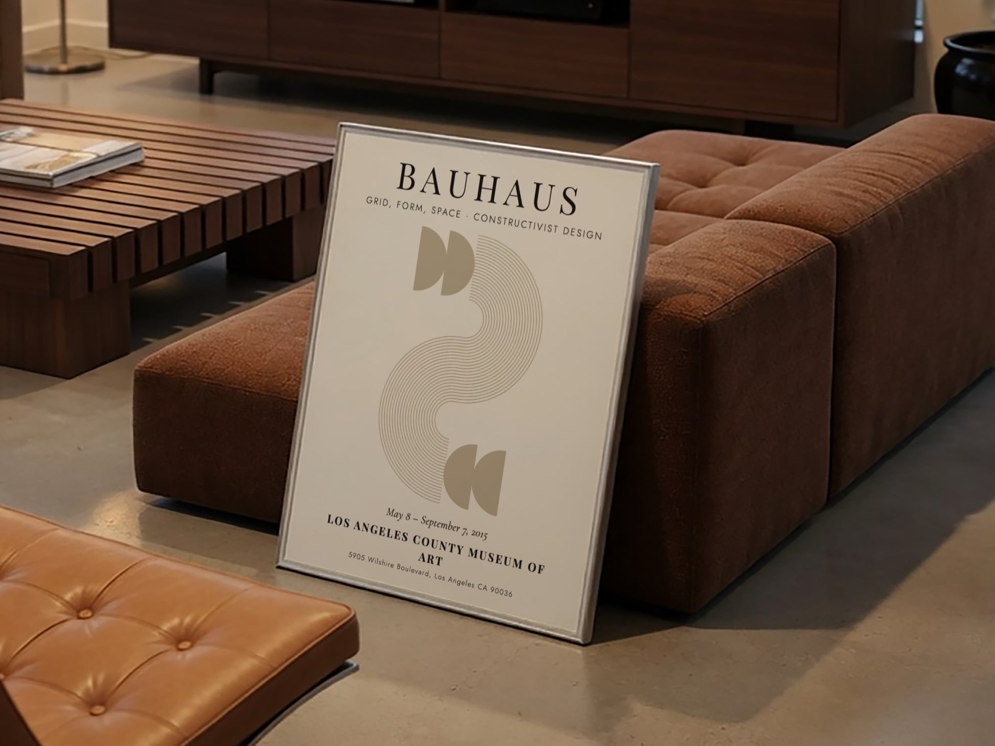Bauhaus poster featuring constructivist design with geometric shapes and earthy tones.