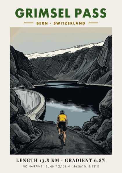 Cycling poster of Grimsel Pass in Switzerland with mountain peaks and dam lake.