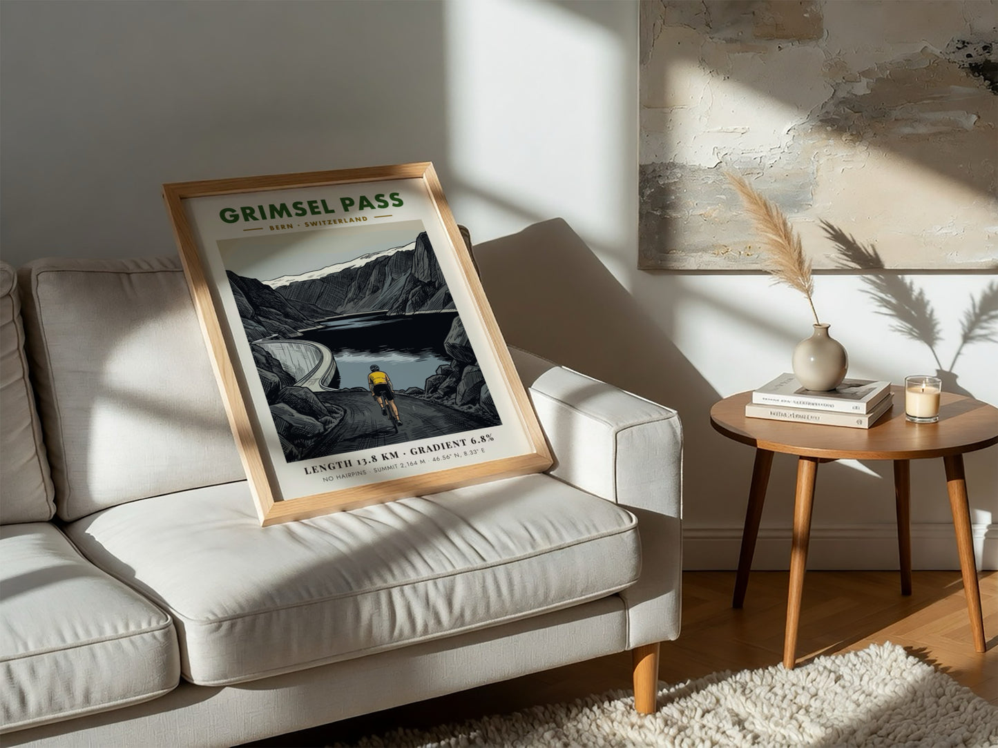 Cycling poster of Grimsel Pass in Switzerland with mountain peaks and dam lake.