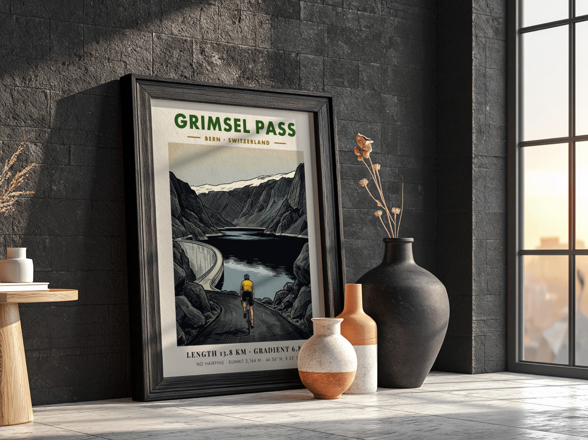 Cycling poster of Grimsel Pass in Switzerland with mountain peaks and dam lake.