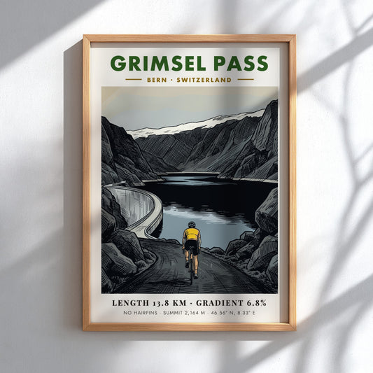 Cycling poster of Grimsel Pass in Switzerland with mountain peaks and dam lake.