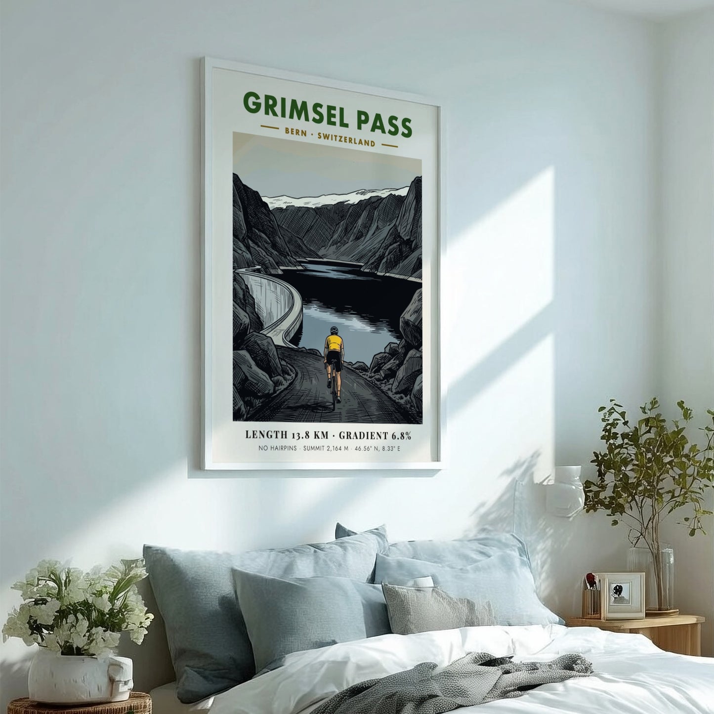 Cycling poster of Grimsel Pass in Switzerland with mountain peaks and dam lake.