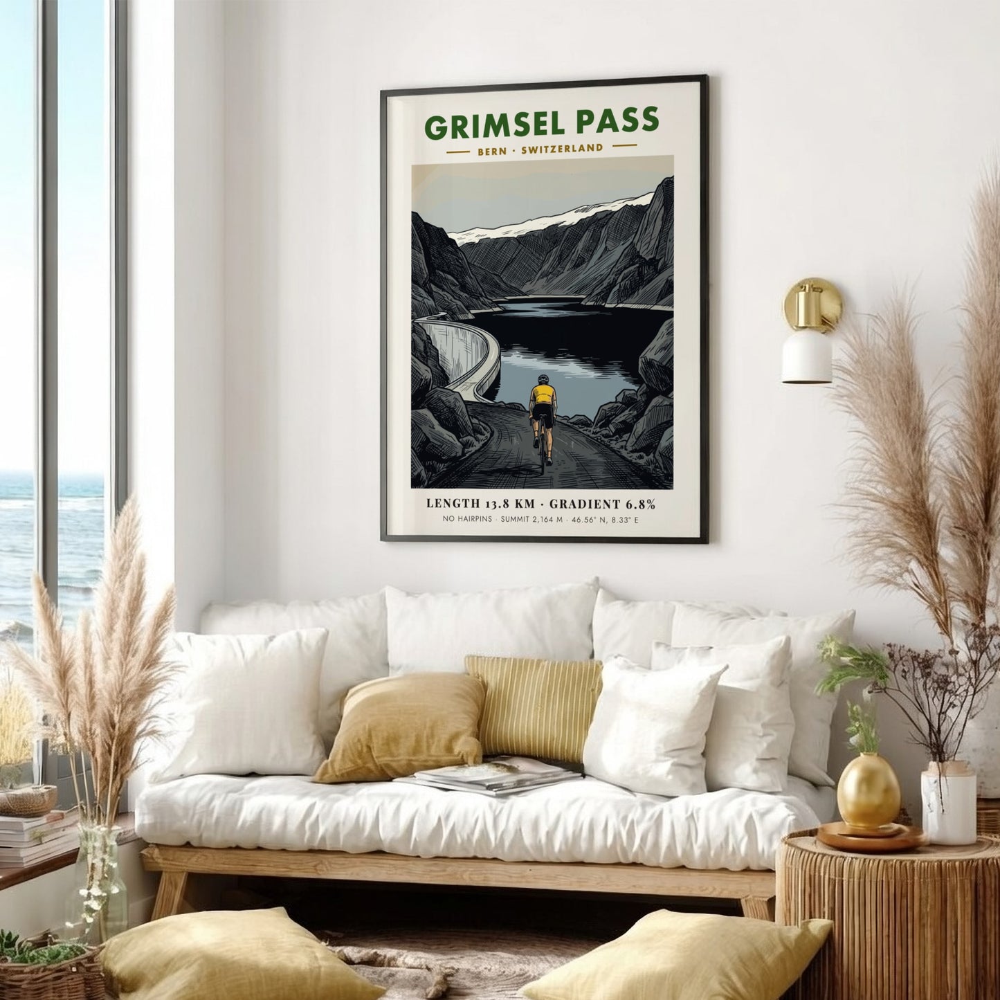 Cycling poster of Grimsel Pass in Switzerland with mountain peaks and dam lake.