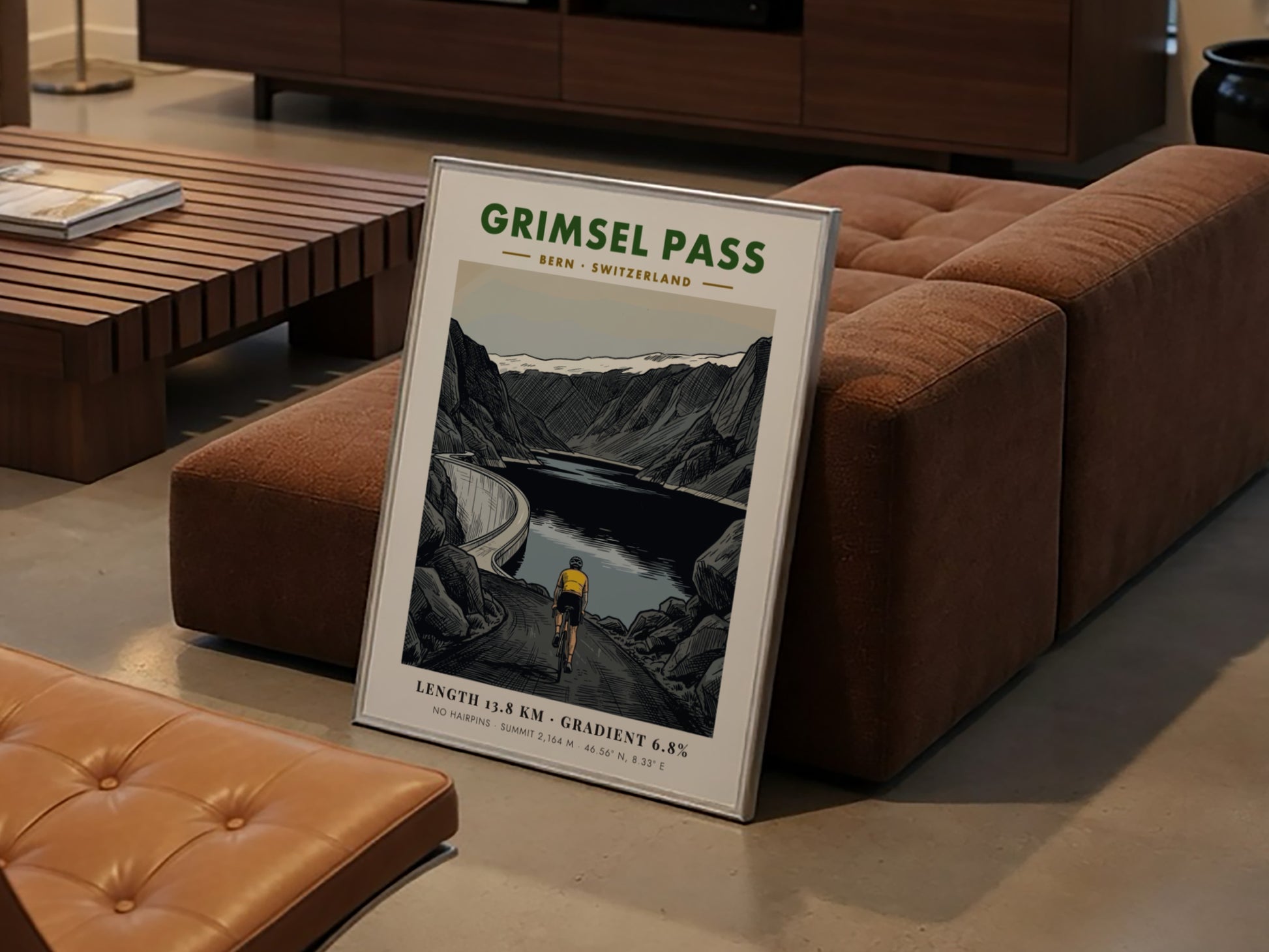Cycling poster of Grimsel Pass in Switzerland with mountain peaks and dam lake.