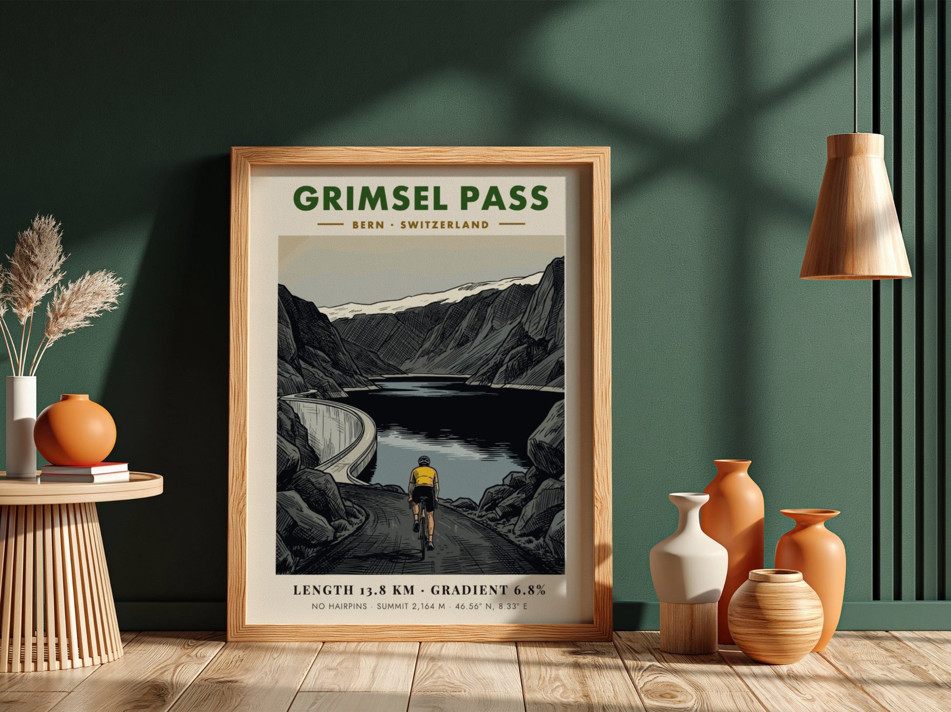 Cycling poster of Grimsel Pass in Switzerland with mountain peaks and dam lake.