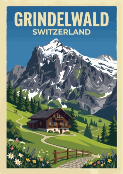 Travel poster of Grindelwald Switzerland featuring a mountain chalet and snowy peaks above.