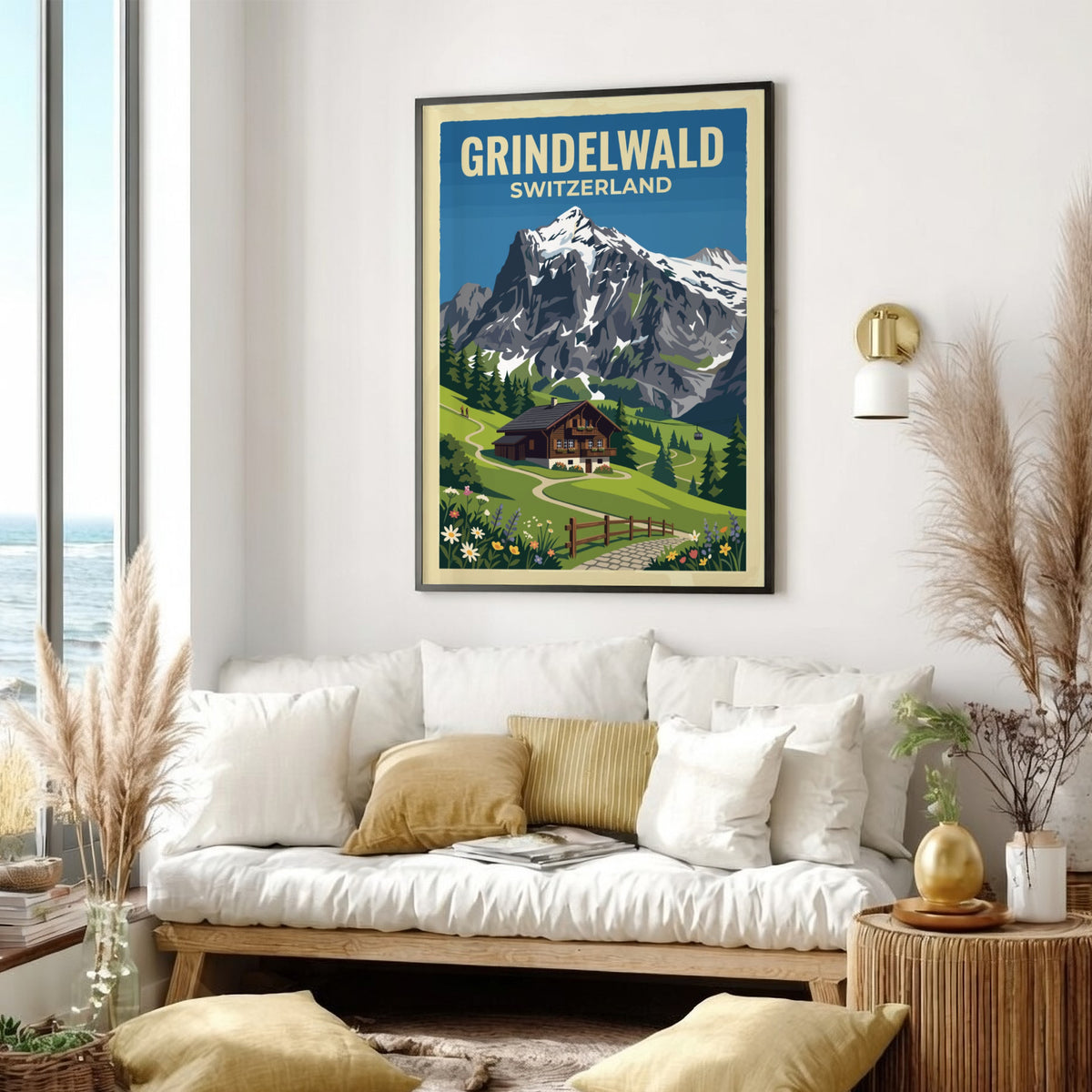 Travel poster of Grindelwald Switzerland featuring a mountain chalet and snowy peaks above.