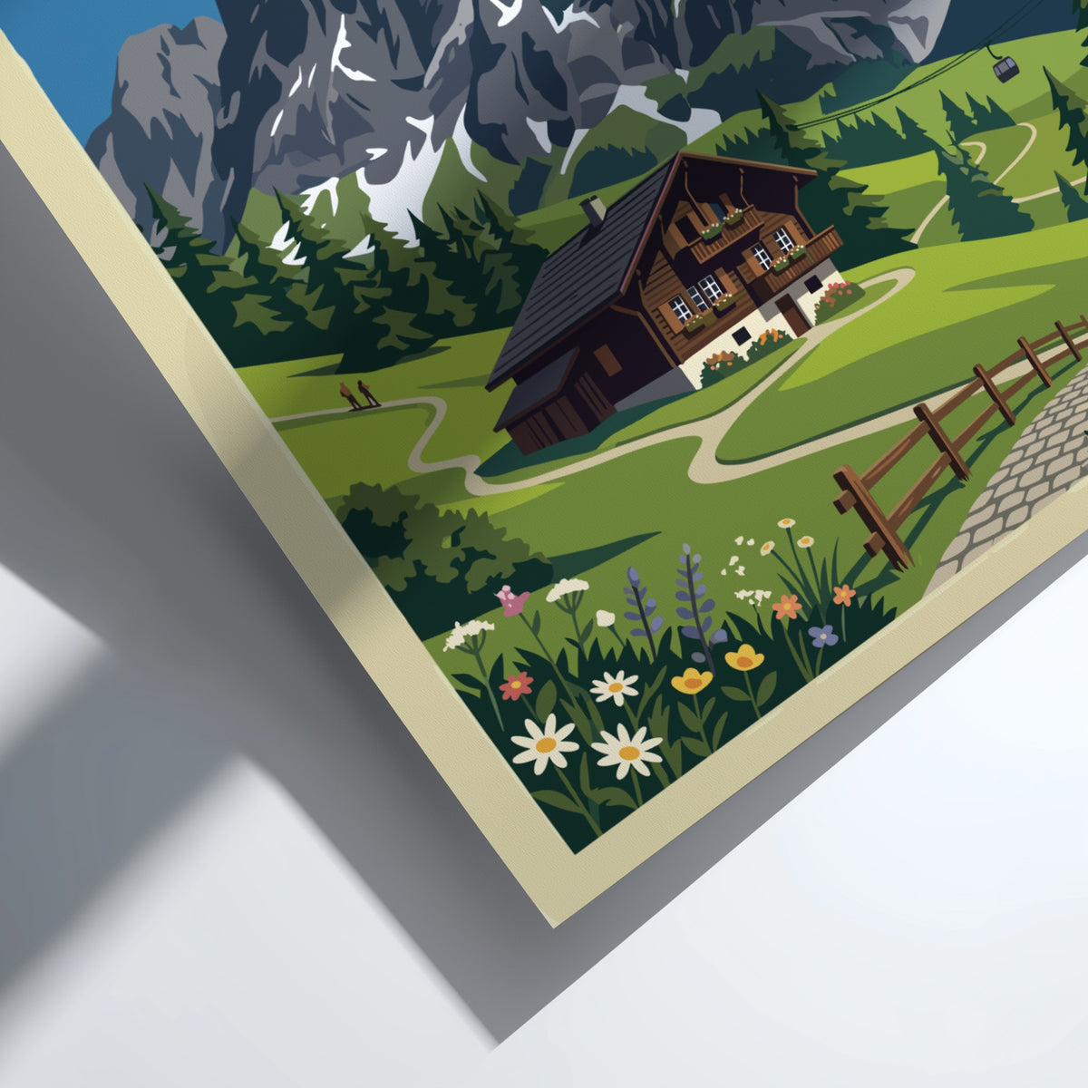 Travel poster of Grindelwald Switzerland featuring a mountain chalet and snowy peaks above.