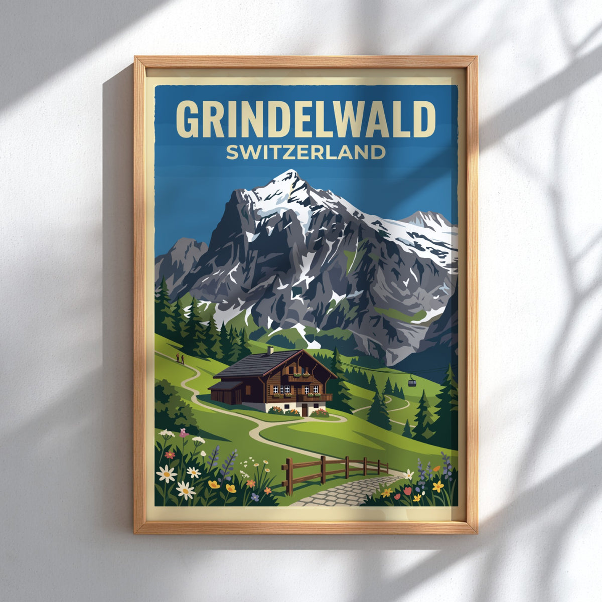 Travel poster of Grindelwald Switzerland featuring a mountain chalet and snowy peaks above.
