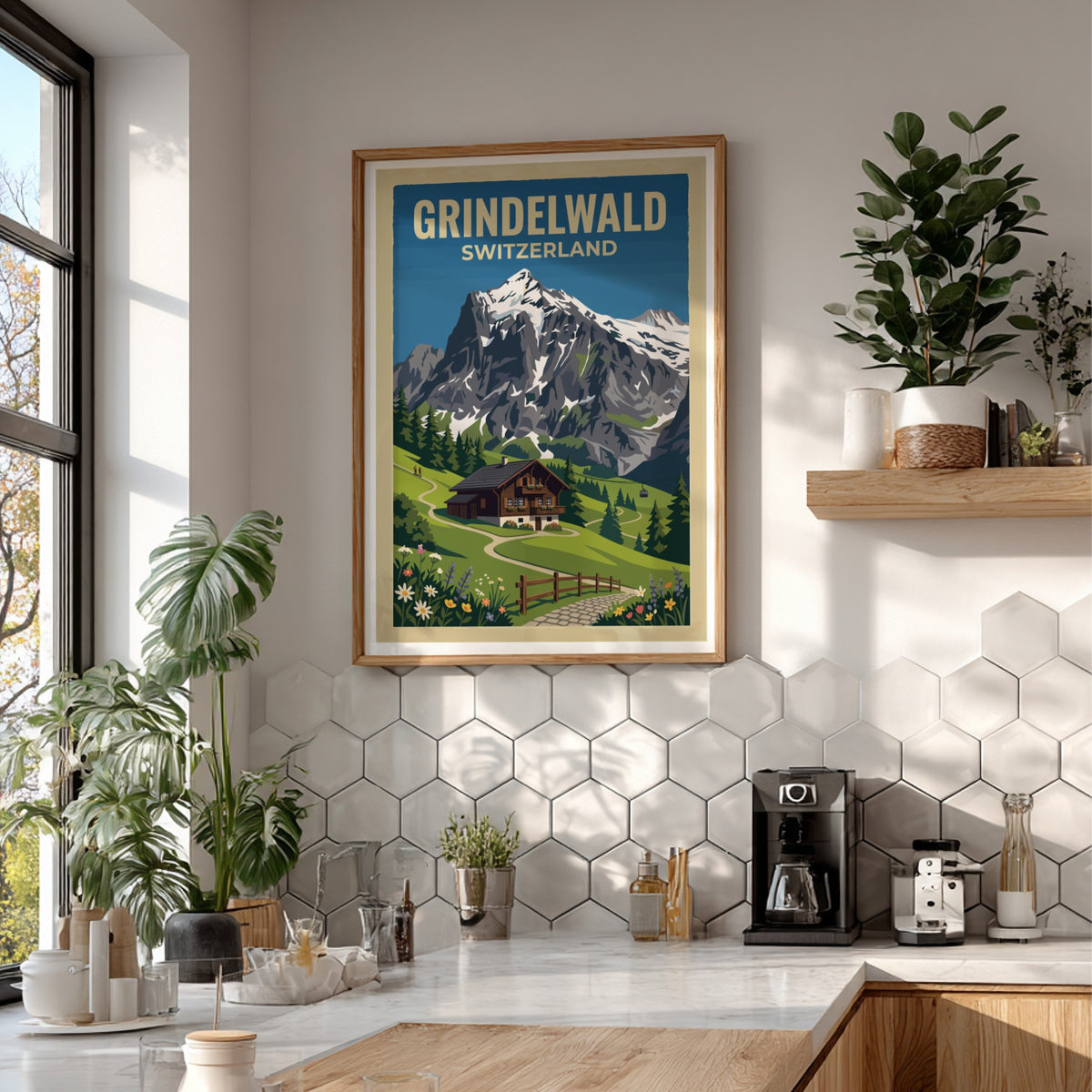 Travel poster of Grindelwald Switzerland featuring a mountain chalet and snowy peaks above.