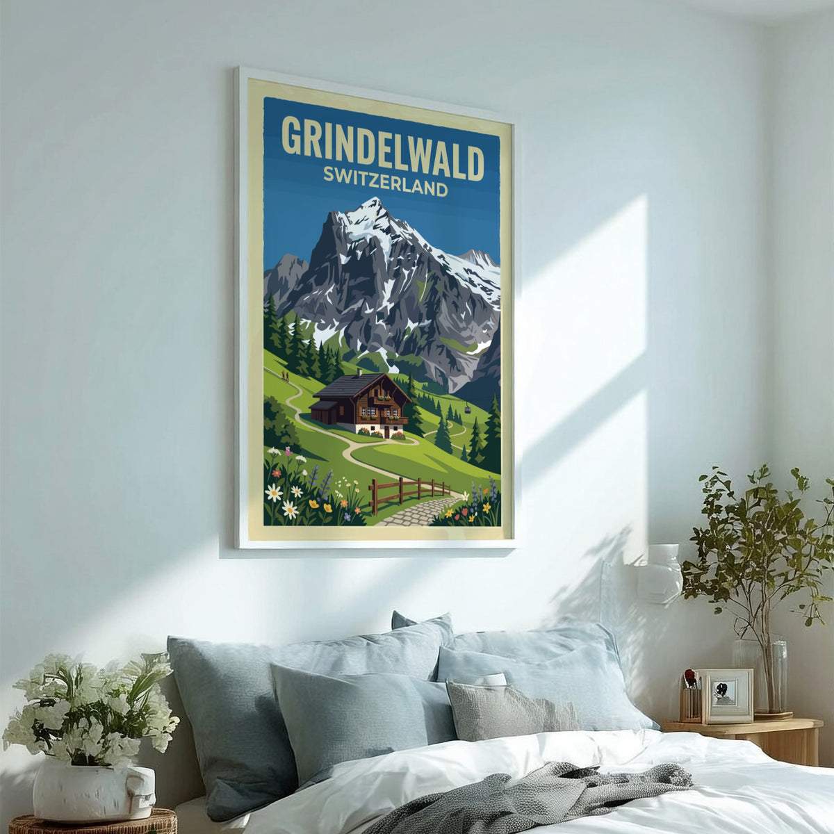 Travel poster of Grindelwald Switzerland featuring a mountain chalet and snowy peaks above.