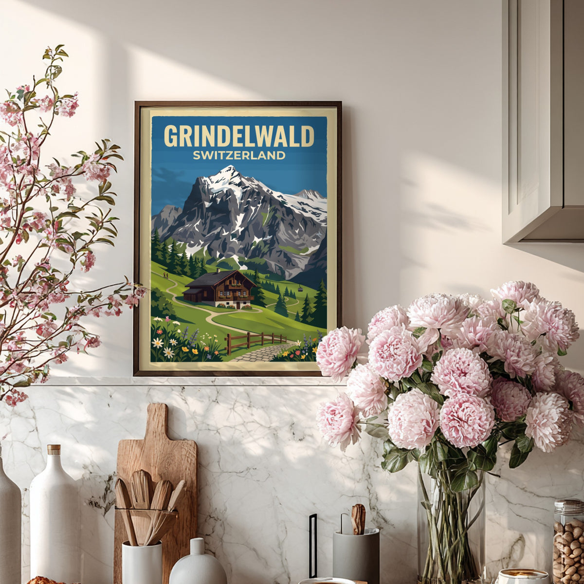 Travel poster of Grindelwald Switzerland featuring a mountain chalet and snowy peaks above.