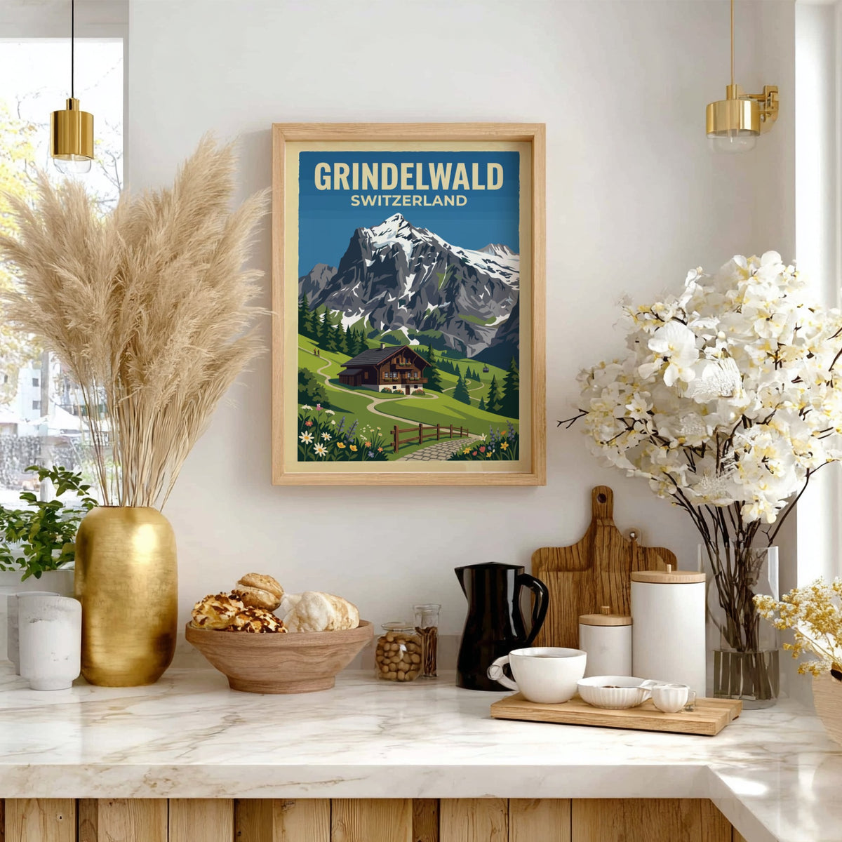 Travel poster of Grindelwald Switzerland featuring a mountain chalet and snowy peaks above.