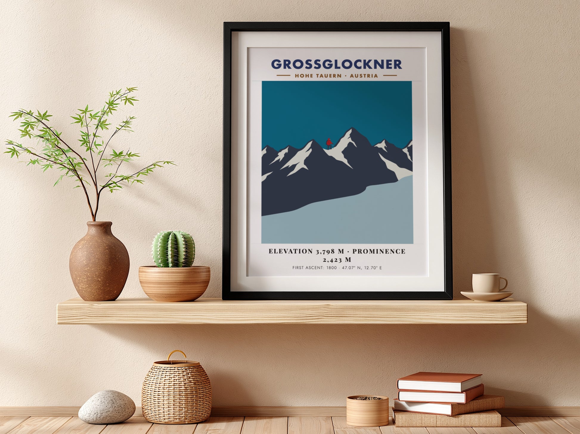 Poster of the Grossglockner mountain in Austria with a lone red climber silhouette