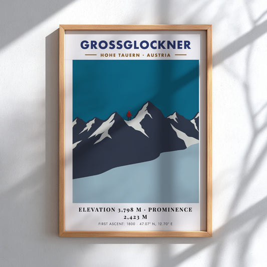 Poster of the Grossglockner mountain in Austria with a lone red climber silhouette