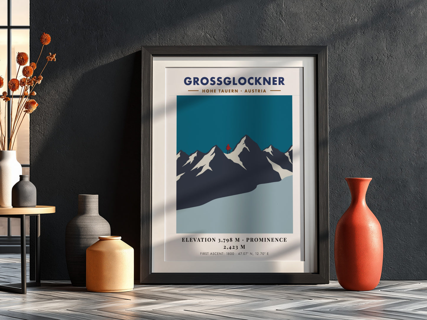Poster of the Grossglockner mountain in Austria with a lone red climber silhouette