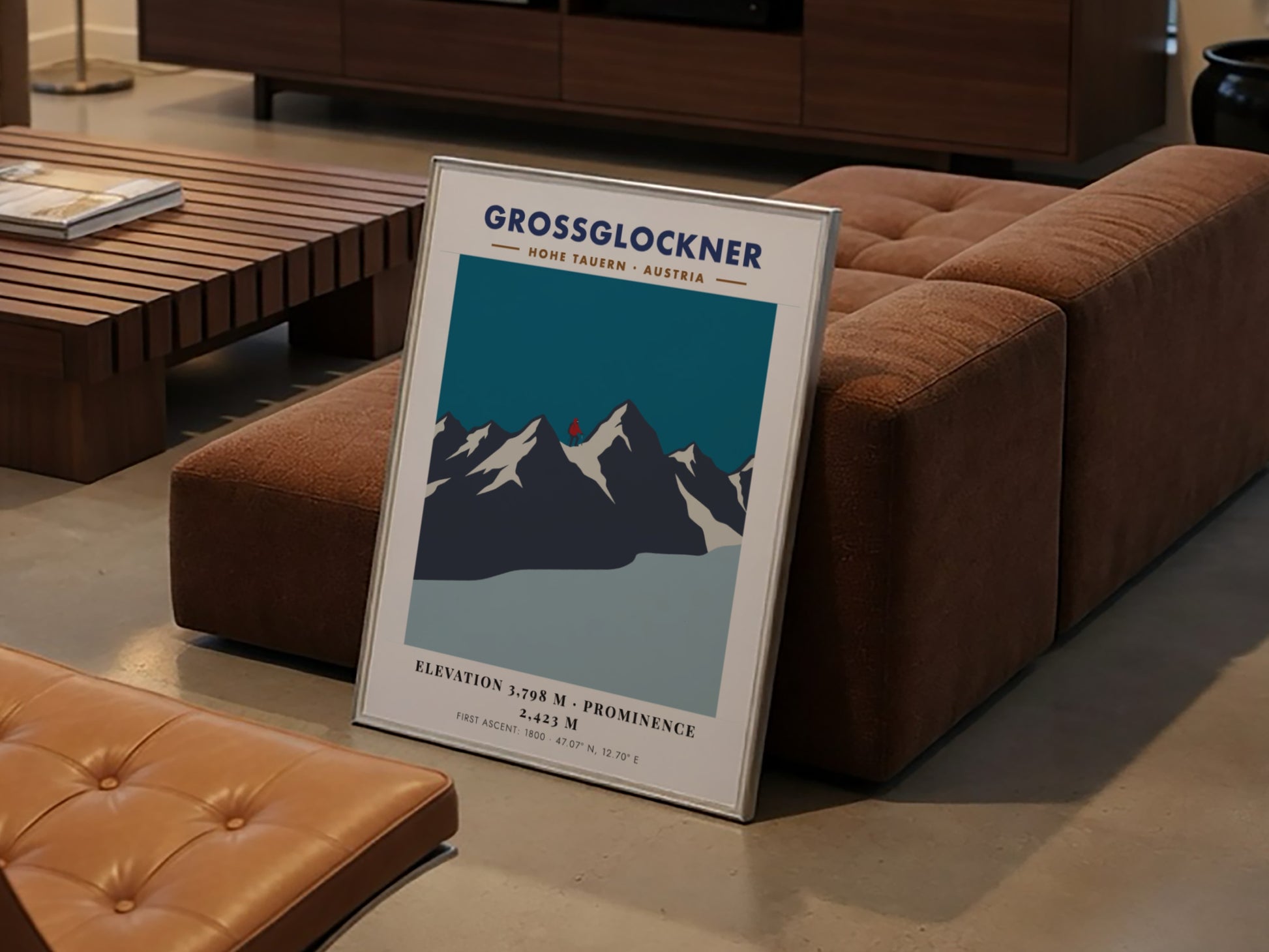 Poster of the Grossglockner mountain in Austria with a lone red climber silhouette