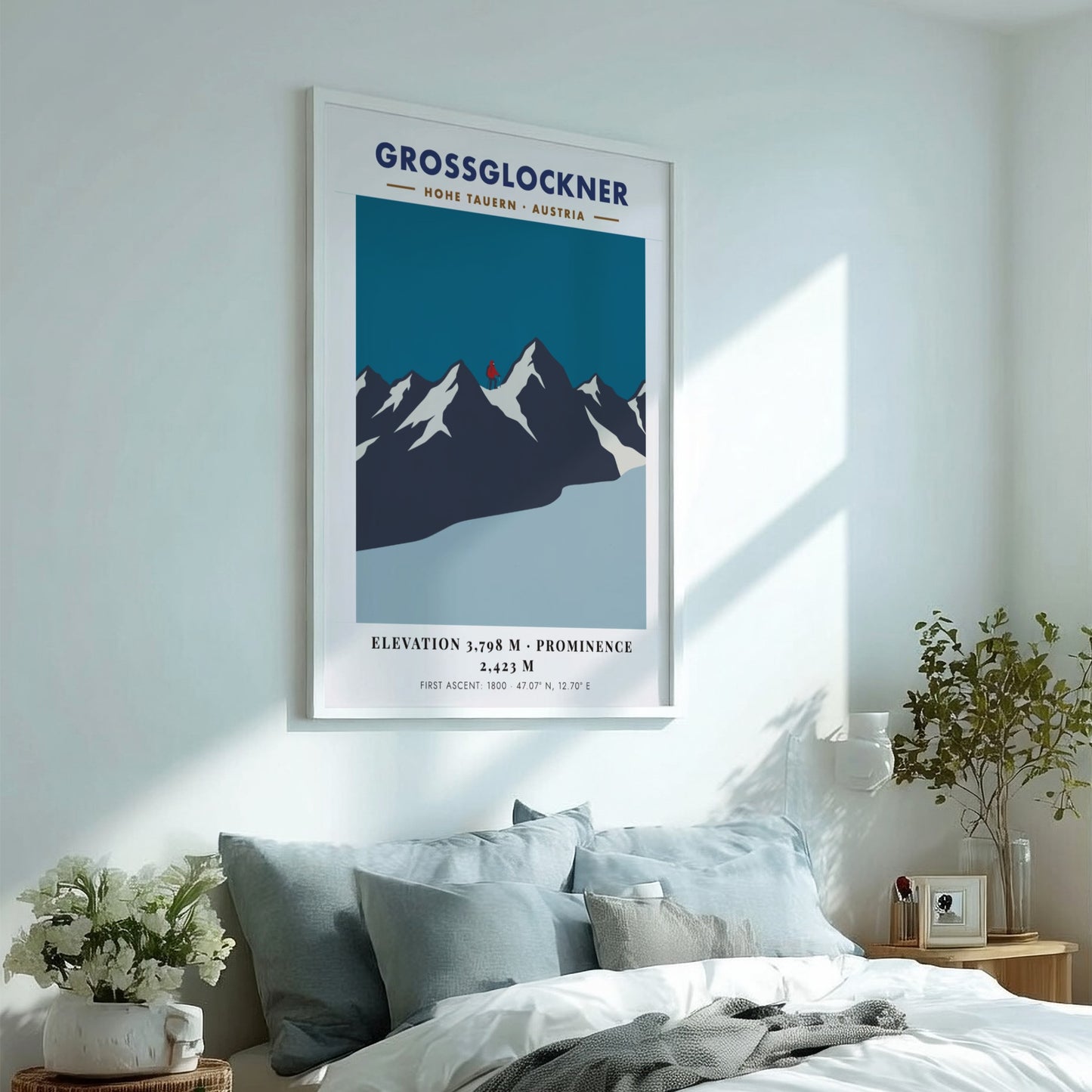 Poster of the Grossglockner mountain in Austria with a lone red climber silhouette