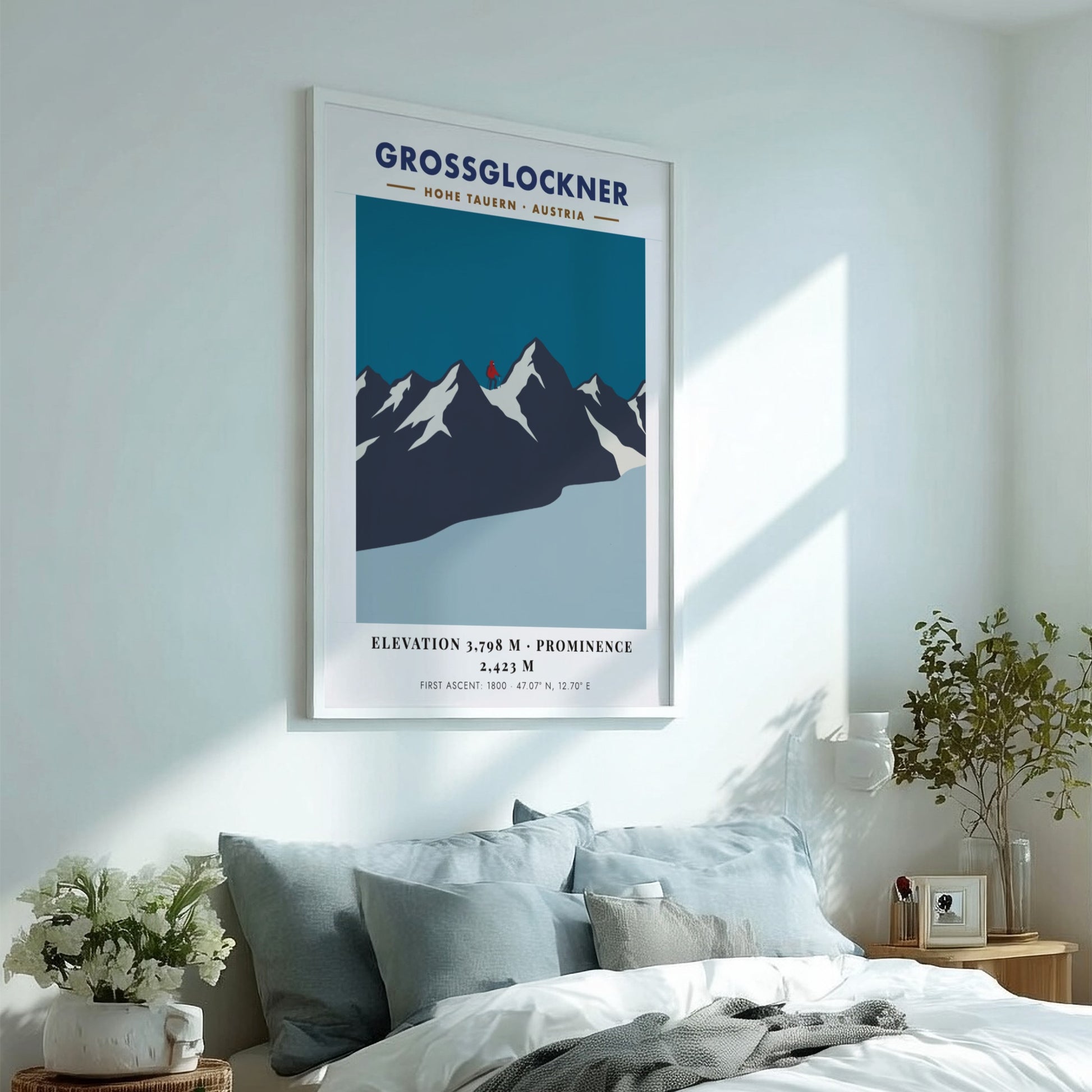 Poster of the Grossglockner mountain in Austria with a lone red climber silhouette