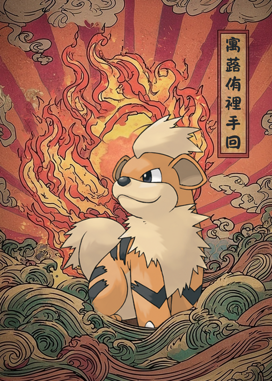 Growlite Pokemon character with fiery background and traditional elements