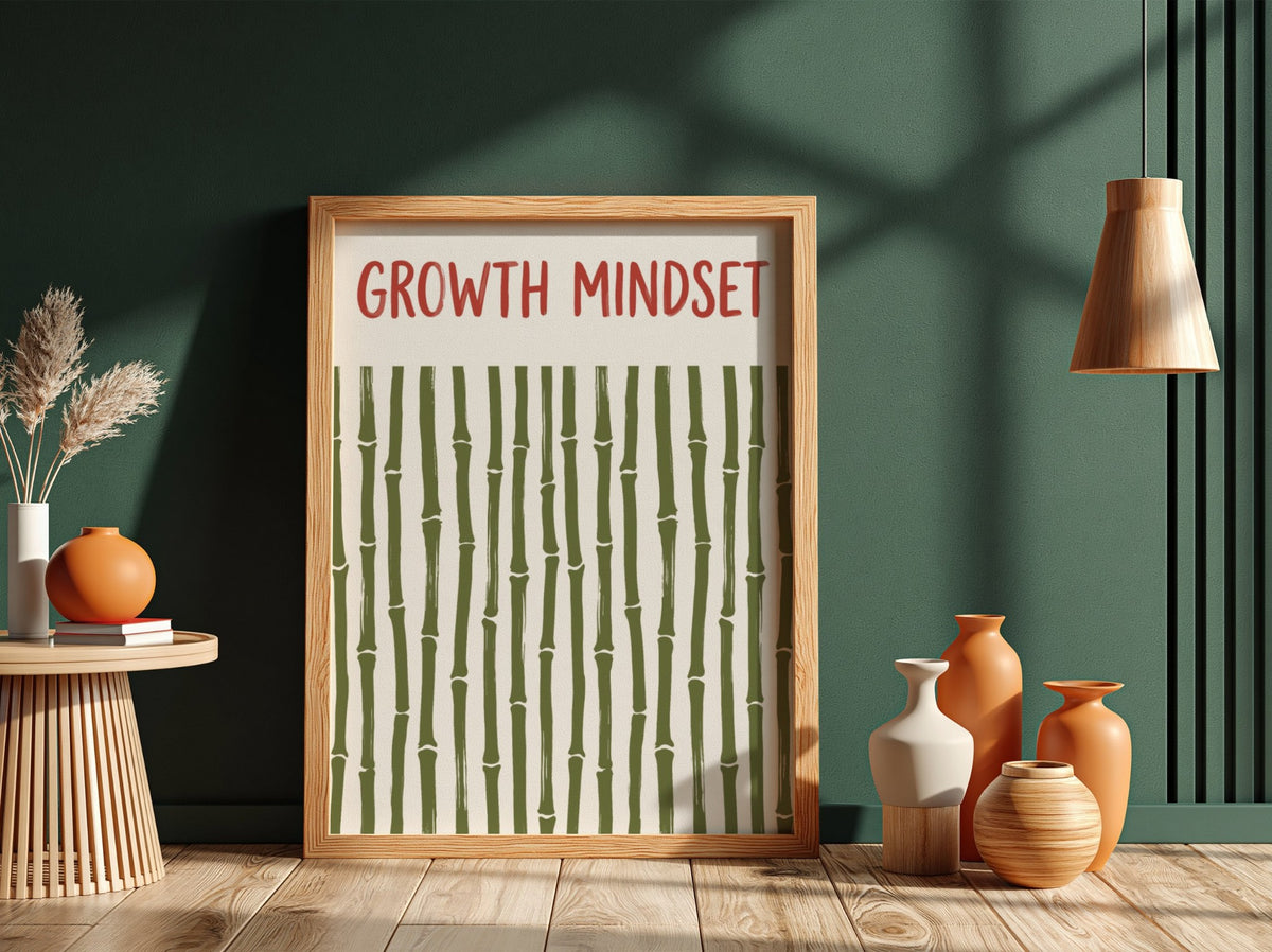 Motivational poster showing growth mindset text above a pattern of green bamboo stalks.