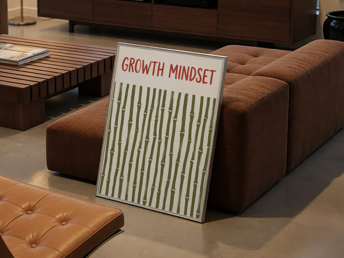 Motivational poster showing growth mindset text above a pattern of green bamboo stalks.