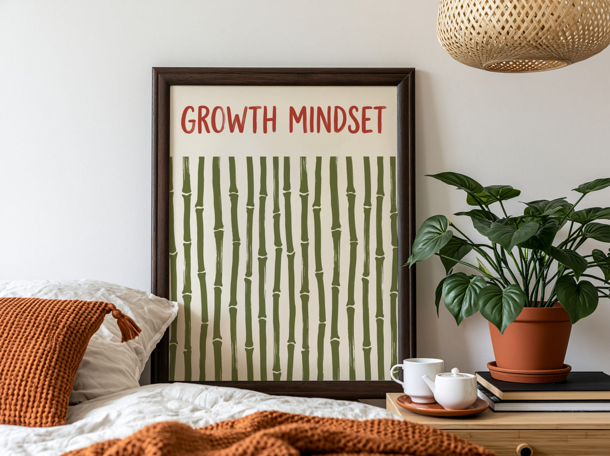 Motivational poster showing growth mindset text above a pattern of green bamboo stalks.