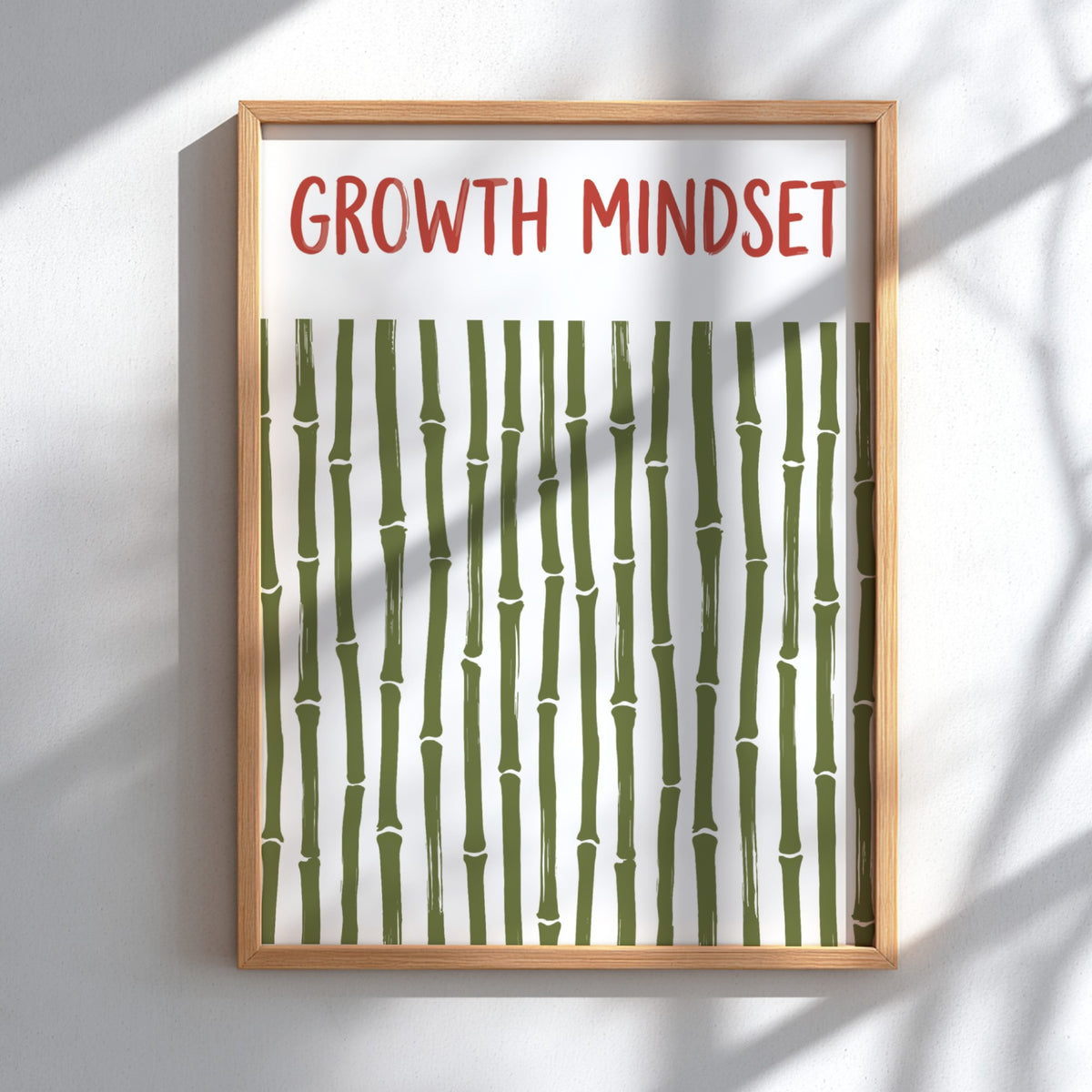 Motivational poster showing growth mindset text above a pattern of green bamboo stalks.