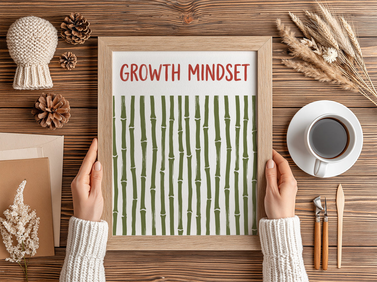 Motivational poster showing growth mindset text above a pattern of green bamboo stalks.