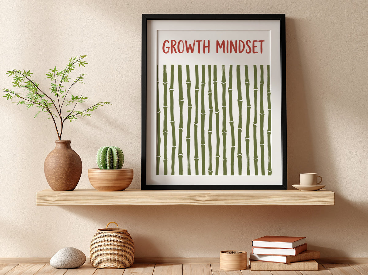 Motivational poster showing growth mindset text above a pattern of green bamboo stalks.