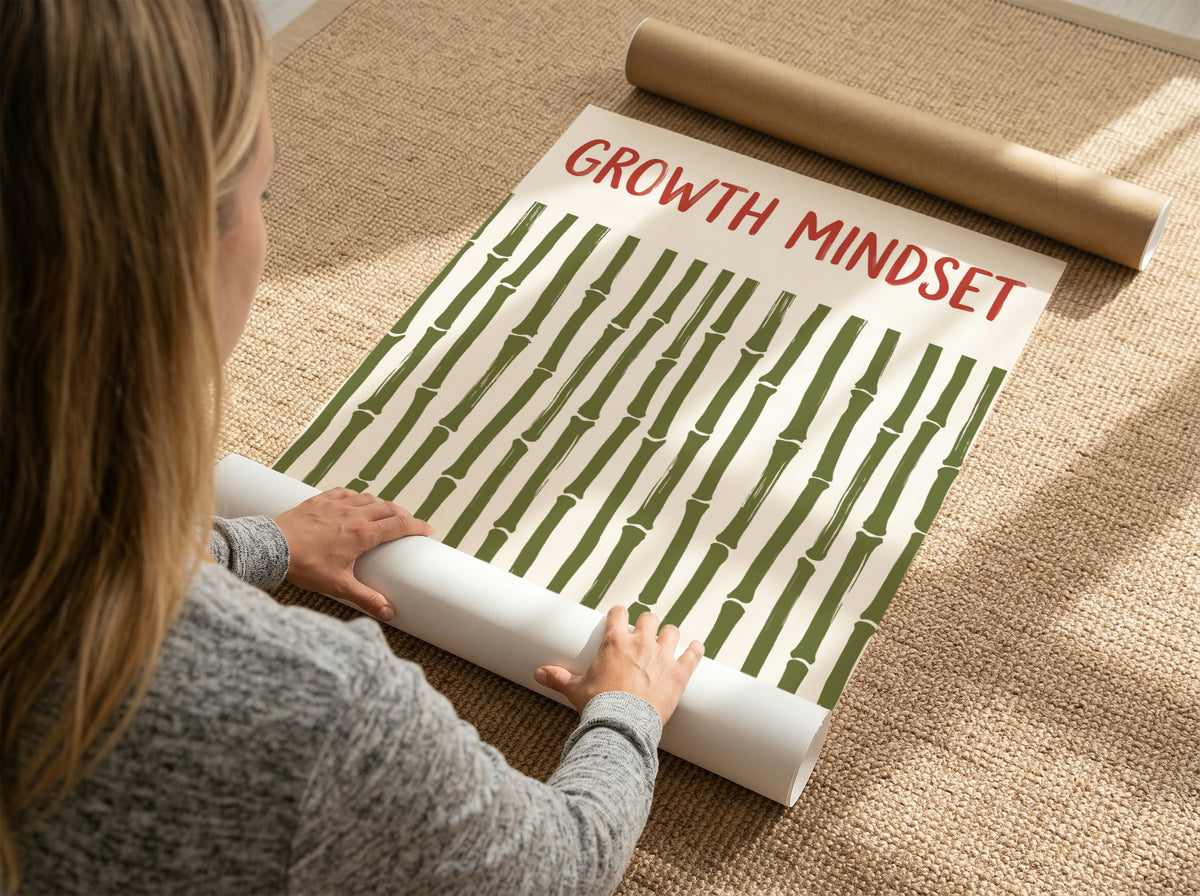 Motivational poster showing growth mindset text above a pattern of green bamboo stalks.
