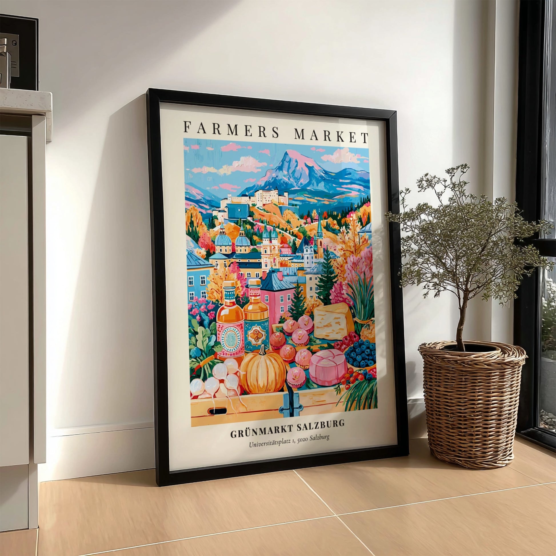 Grünmarkt Salzburg poster featuring autumn colors and a farmers market scene