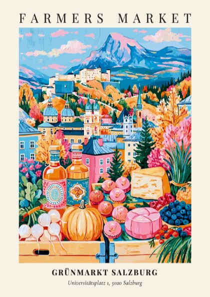 Grünmarkt Salzburg poster featuring autumn colors and a farmers market scene