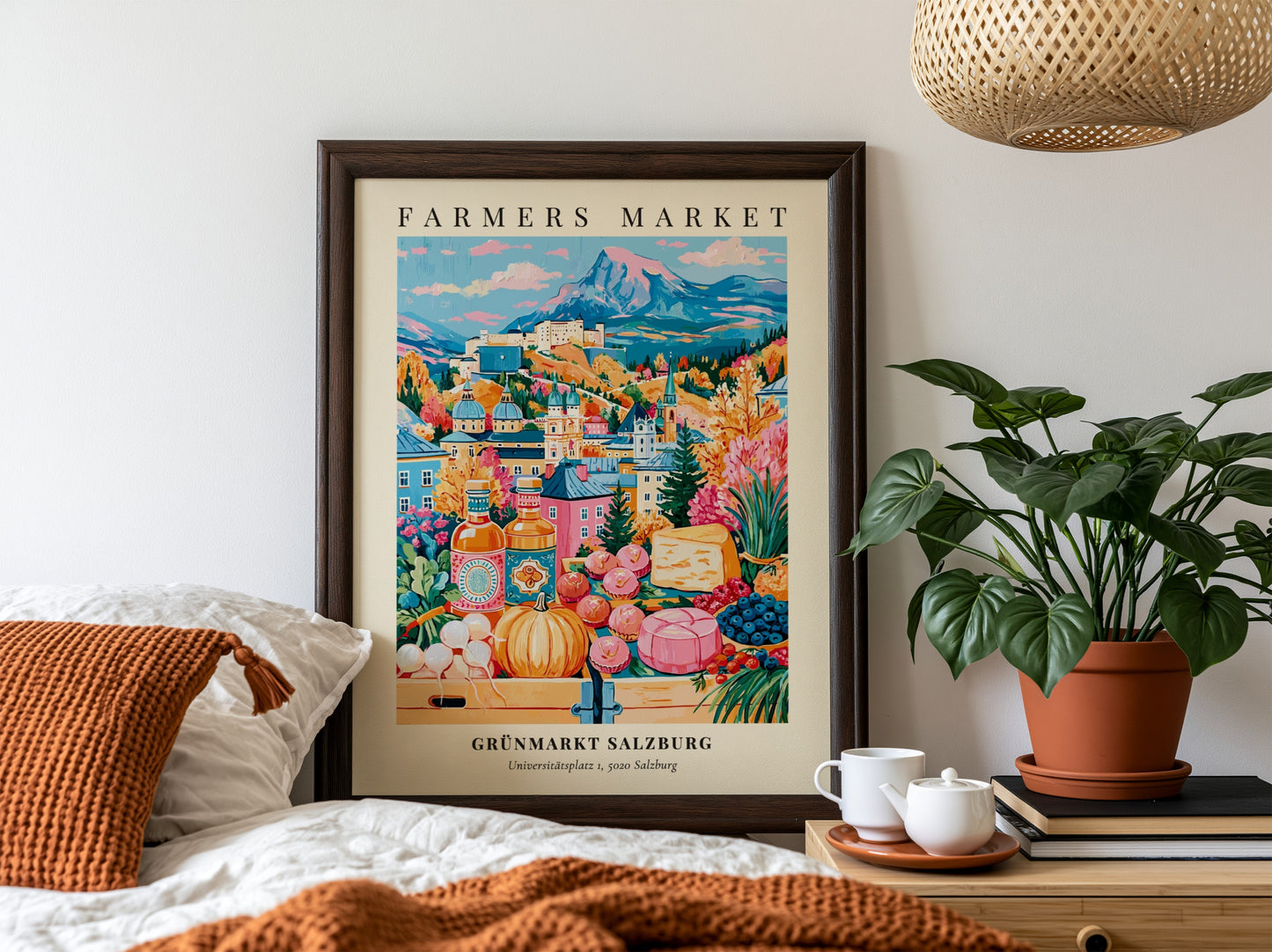Grünmarkt Salzburg poster featuring autumn colors and a farmers market scene