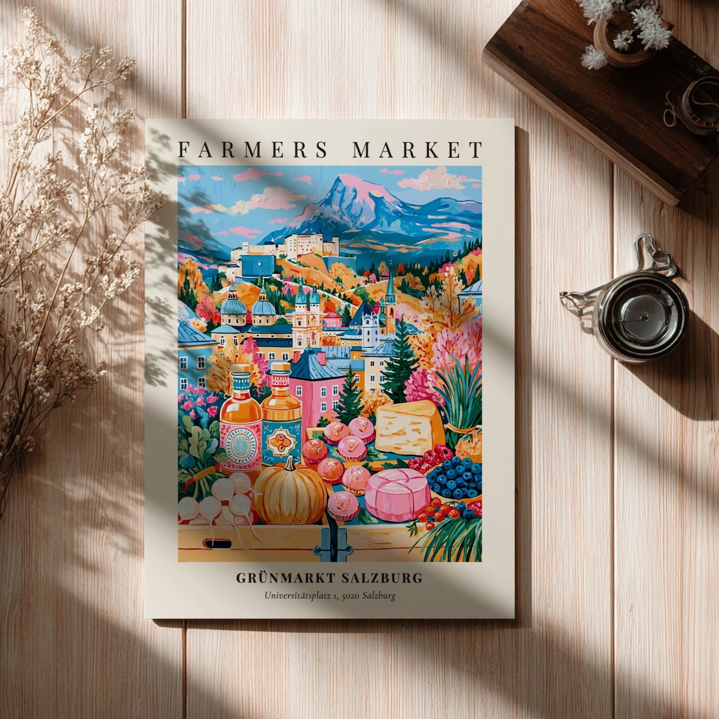 Grünmarkt Salzburg poster featuring autumn colors and a farmers market scene