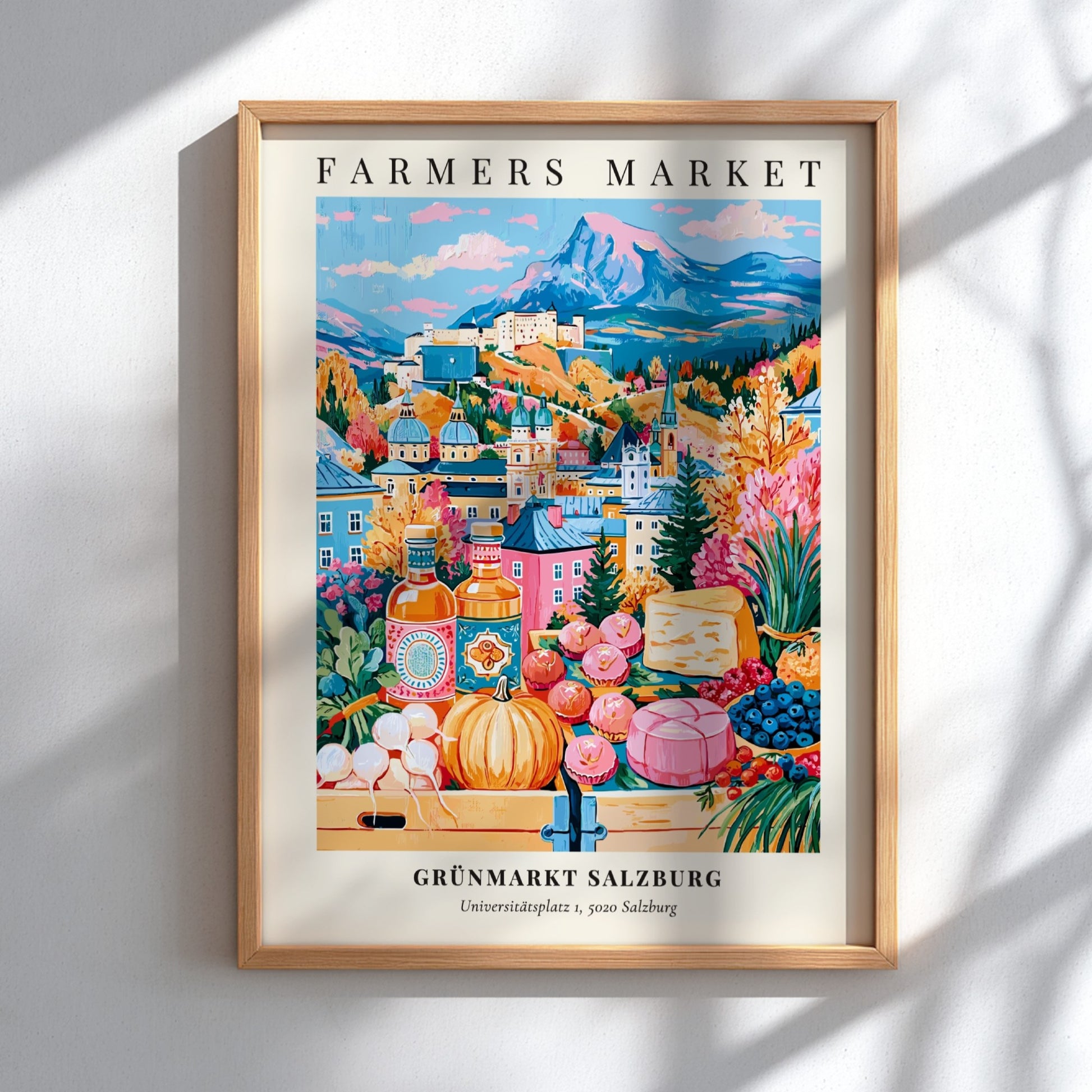 Grünmarkt Salzburg poster featuring autumn colors and a farmers market scene