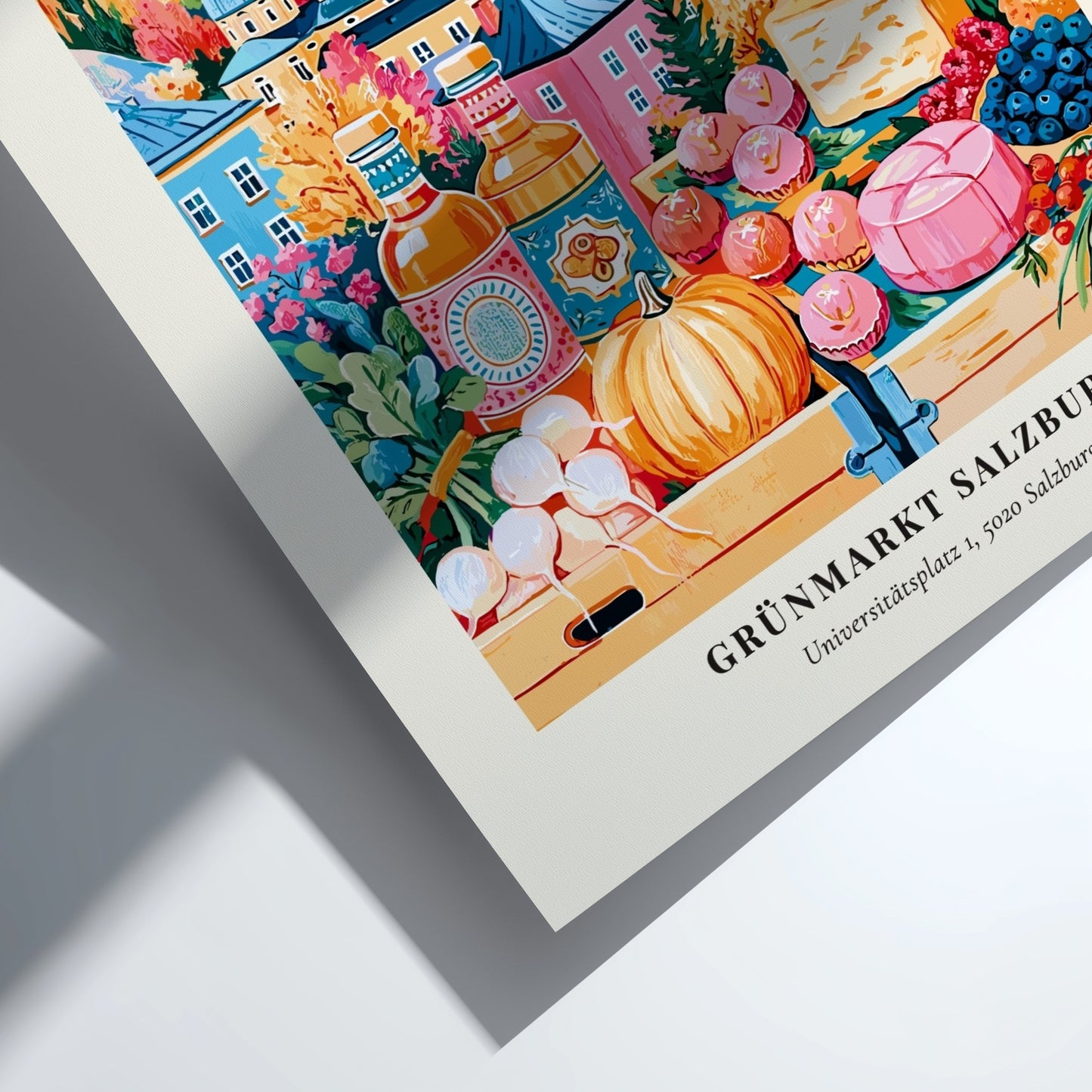 Grünmarkt Salzburg poster featuring autumn colors and a farmers market scene