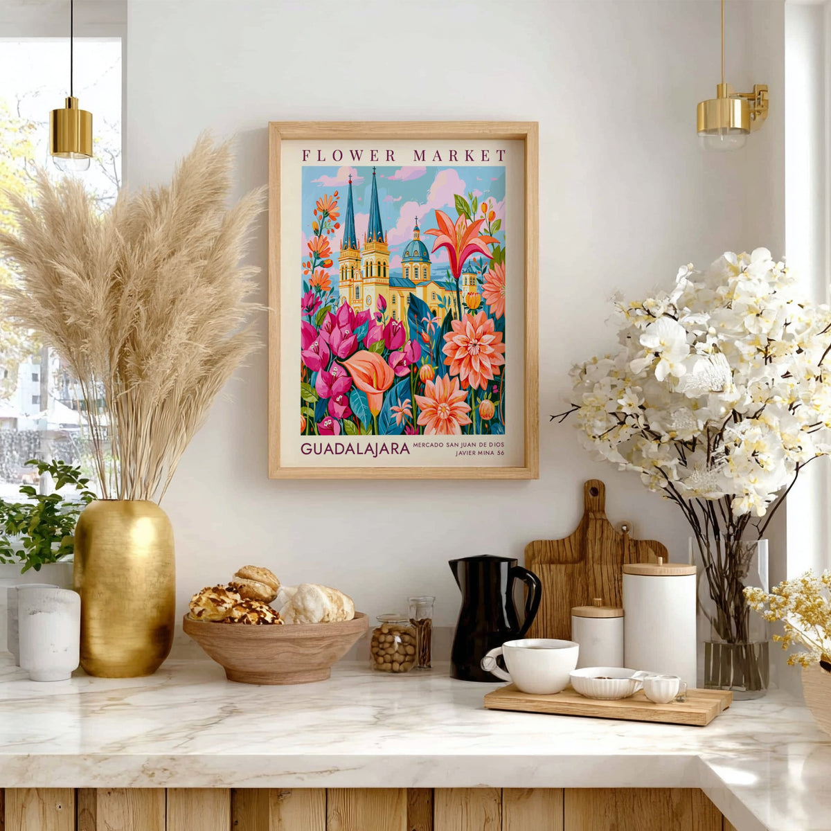 Flower market poster featuring vibrant flowers and Guadalajara architecture in colorful design