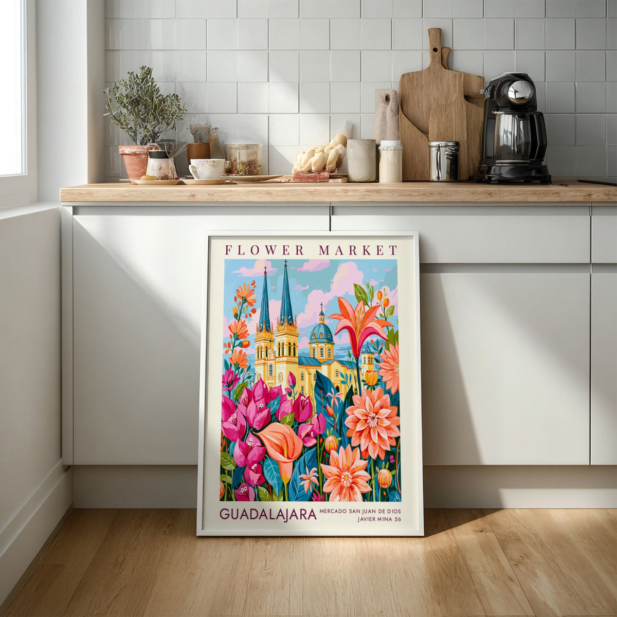 Flower market poster featuring vibrant flowers and Guadalajara architecture in colorful design