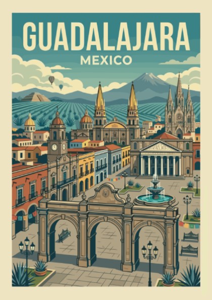 Retro travel poster of Guadalajara, Mexico, featuring city architecture, mountains, and a vintage art style.