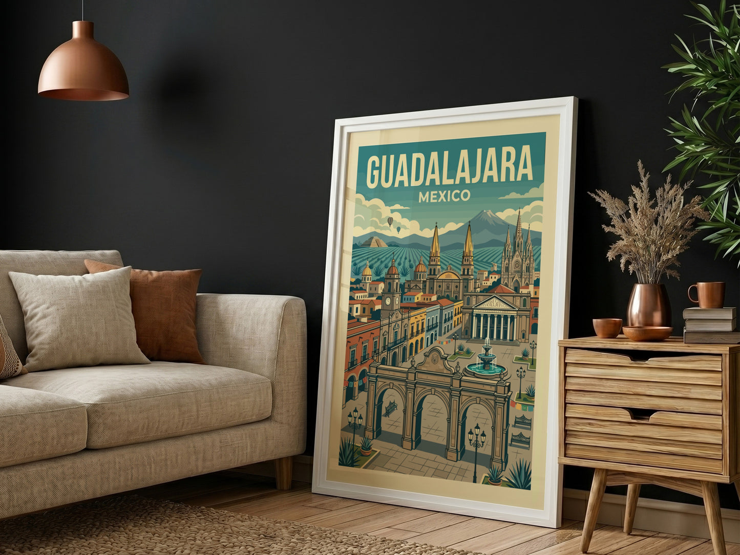 Retro travel poster of Guadalajara, Mexico, featuring city architecture, mountains, and a vintage art style.