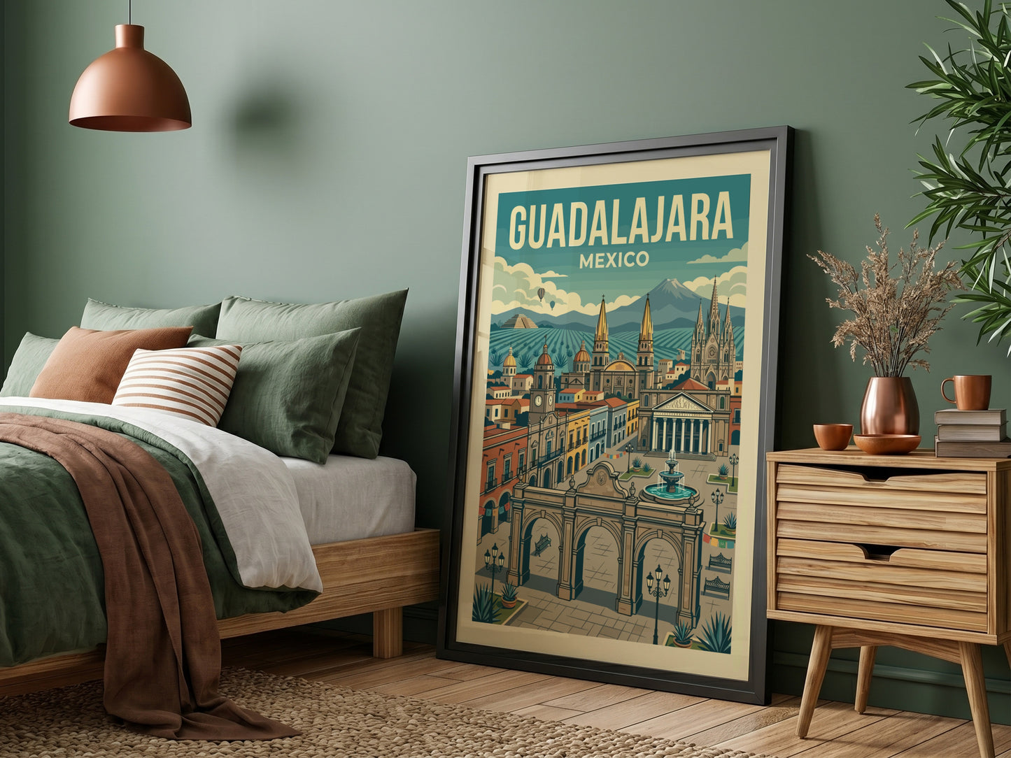 Retro travel poster of Guadalajara, Mexico, featuring city architecture, mountains, and a vintage art style.