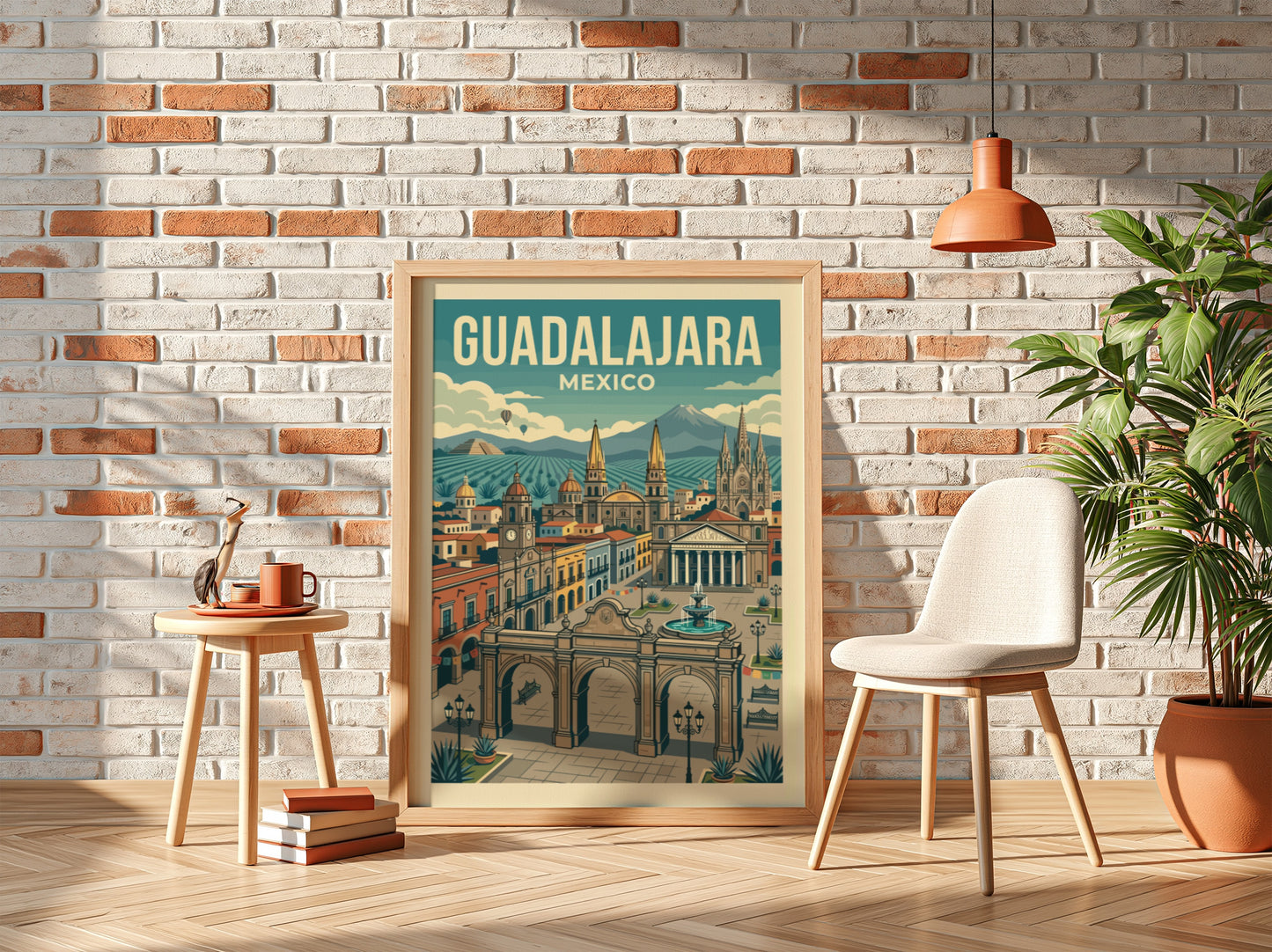 Retro travel poster of Guadalajara, Mexico, featuring city architecture, mountains, and a vintage art style.