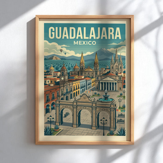 Retro travel poster of Guadalajara, Mexico, featuring city architecture, mountains, and a vintage art style.