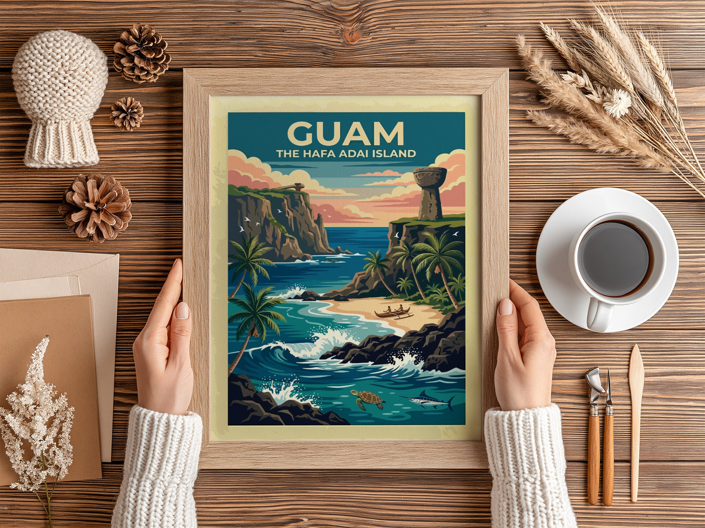Travel poster of Guam featuring a tropical sunset, latte stone, and ocean wildlife.