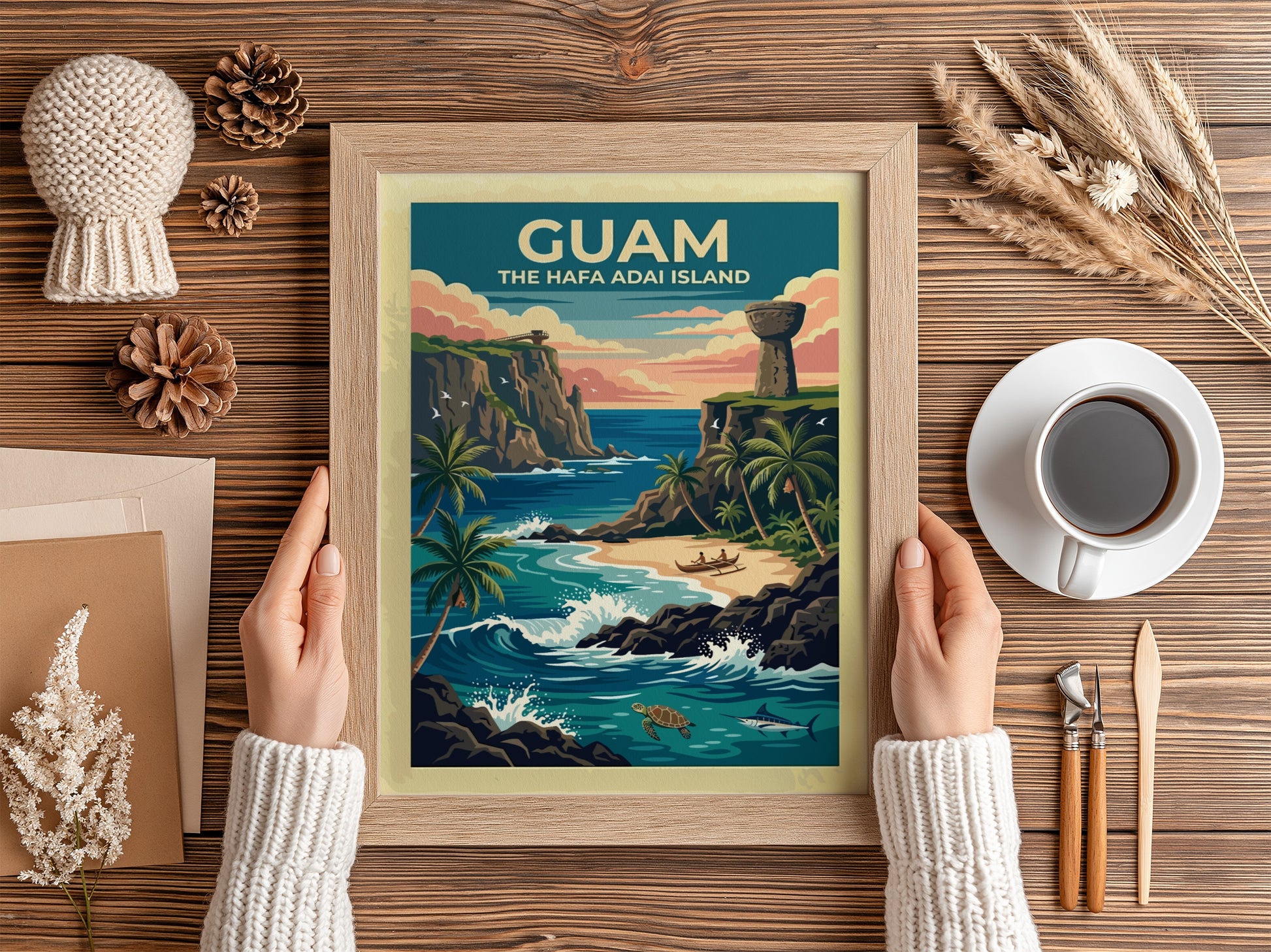 Travel poster of Guam featuring a tropical sunset, latte stone, and ocean wildlife.