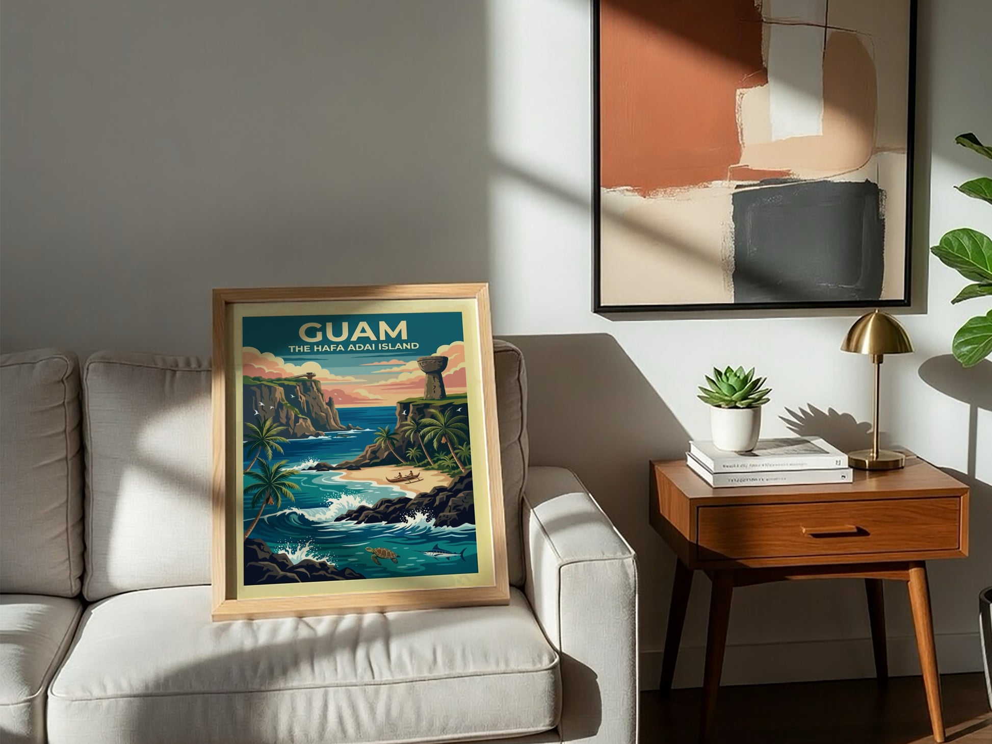 Travel poster of Guam featuring a tropical sunset, latte stone, and ocean wildlife.
