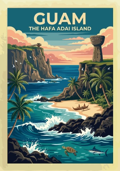 Travel poster of Guam featuring a tropical sunset, latte stone, and ocean wildlife.